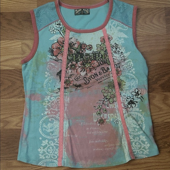 Vanilla Sugar Floral Graphic Tank Top - Blue and Pink - Picture 1 of 3